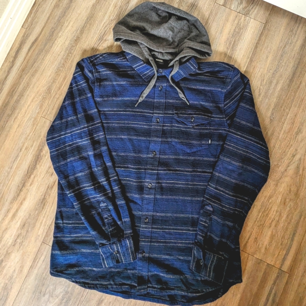 Vans Flannel w/ Hoodie, Blue/Gray, size Medium
